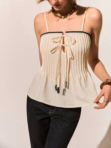 Poéselle Women's Casual Vacation Style Everyday Commute Contrast Trim Knot Front Pleated Camisole,Bow Tie Woven Camisole Top For Women, Spaghetti Strap Pleated Summer Shirt, Lightweight Casual Cami With Contrast Trim,Summer Top,French-Style  Top - Apricot - View 8