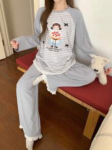 DAZY 2pcs Women Cartoon Girl Striped Splice Raglan Sleeve Lace Ruffle Trim Loose Long Sleeve T-Shirt And Pants Pajama Set - Blue - View 4
