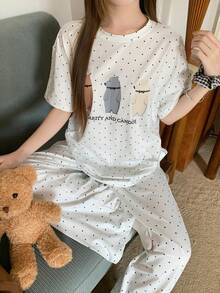 DAZY 两件套女士小熊印花波点宽松短袖睡衣套装 - 白色 - 查看 8