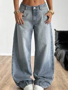 SHEIN EZwear 女士口袋宽松阔腿休闲百搭牛仔裤 - 淺色水洗藍 - 查看 5