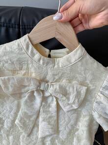 SHEIN Tween Girls' Fashion Round Neck Short Sleeve Bow Tie Dress - Apricot - View 7