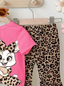 一套女婴可爱兔耳豹纹圆领短袖T恤和针织打底裤可爱套装，豹纹T恤套装，卡通兔子印花服装 - 彩色 - 查看 3