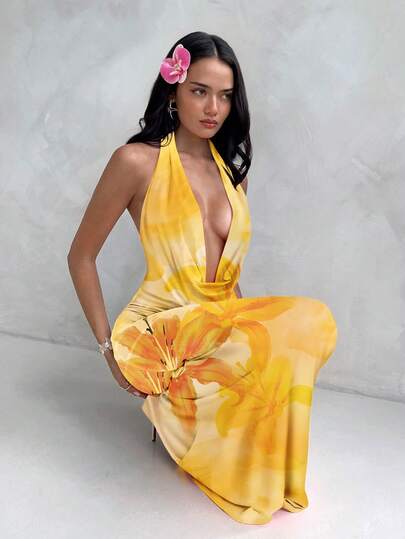 Aloruh Casual Full Floral Print Draped Neck Dress For Women