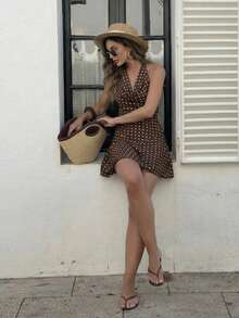 Cévolie Women's Sexy Backless Polka Dot Print Draped Neck Tie Front Beach Vacation Dress - Coffee Brown - View 4