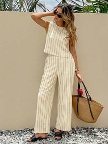 SHEIN Frenchy Women's Casual Vacation Striped Print Sleeveless Top And Wide Leg Pants 2 Pieces Set, Suitable For Spring, Summer, Autumn - Beige - View 4