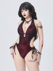 ROMWE 2026 Latest Spider Web Mesh Covered Crimson Fabric Chest Spider Pendant Accessory Necklace Design, Sexy Gothic Style Women One-Piece Swimsuit For Summer Beach, Pool Party Goth Swimsuit Gothic Swimwear Spiderweb Swimsuit Dark Aesthetic Swimwear Halter Swimsuit Red Swimsuit - Burgundy - View 3