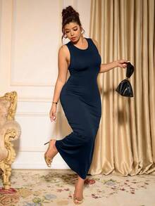 Cravure Robe camisole ajustée décontractée à col rond de couleur unie pour grandes tailles - bleu indigo - Voir 7