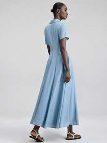 Ontre 2026春夏新款石板蓝长袖收腰喇叭下摆娃娃领连衣裙，适合现代都市派对、返校季、都市简约休闲日常穿着、波西米亚风、度假、节日、情人节狂欢、女士沙滩装、优雅派对、女士正式场合礼服 - 淺藍色 - 查看 3