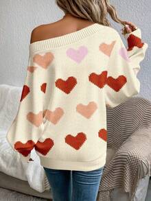 EMERY ROSE 女士休闲露肩毛衣 - 秋冬装。复古米色和粉色爱心图案，大地色系。适合休闲外出、度假、居家穿着，打造波西米亚风情，也是馈赠佳品，情人节礼物之选。 - 彩色 - 查看 3