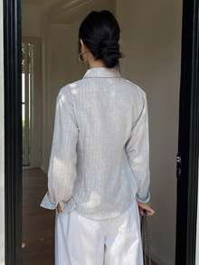 DAZY 女士纯色修身长袖休闲复古优雅夏季衬衫 - 灰色 - 查看 2