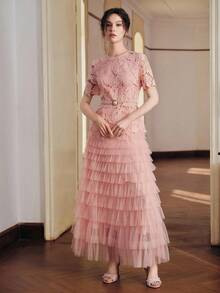 Anewsta New Lightweight Luxury Lace Dress Women, Princess Cake Skirt, Elegant Elegant Cinched Waist Mesh Patchwork Dress, Spring/Summer - Pink - View 5