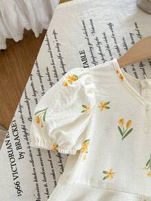 SHEIN LMoss Kids Young Girl Summer Casual French Elegant Vacation Style Ditsy Floral Peplum Top & Wide Leg Pants Set - White - View 7