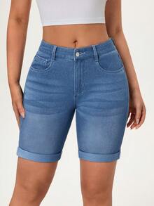 Flexra 夏季休闲水洗修身牛仔短裤 - 藍色 - 查看 5