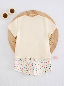 Cozy Pixies 2件套女婴爱心图案针织柔软圆领短袖上衣和松紧腰短裤套装 - 紫色 - 查看 2