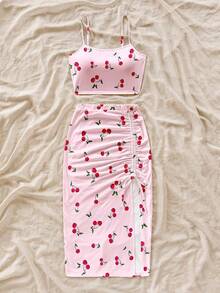 Soleia 女士夏季度假风樱桃印花吊带背心和抽绳褶皱高开衩裙两件套 - 粉色 - 查看 5