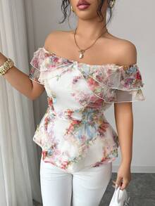 Elenzga Women's Elegant Open Shoulder Ruffle Trim Fitted Sleeveless Blouse, Spring - Multicolor - View 6