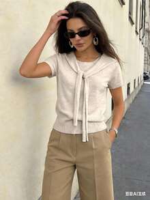 Pariaura 女士纯色短袖针织披肩领上衣 - 杏色 - 查看 5