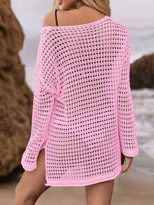 Swim Vcay Summer Holiday Beach Leisure Loose Knitted Cover-Up Hollow-Out Summer Sweater - Pink - View 2