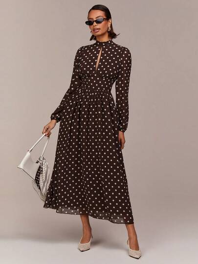 COSMINA 女士优雅波点长袖连衣裙，适合约会、派对、通勤、正式场合、婚礼等各种场合，春季穿着也十分合适。
