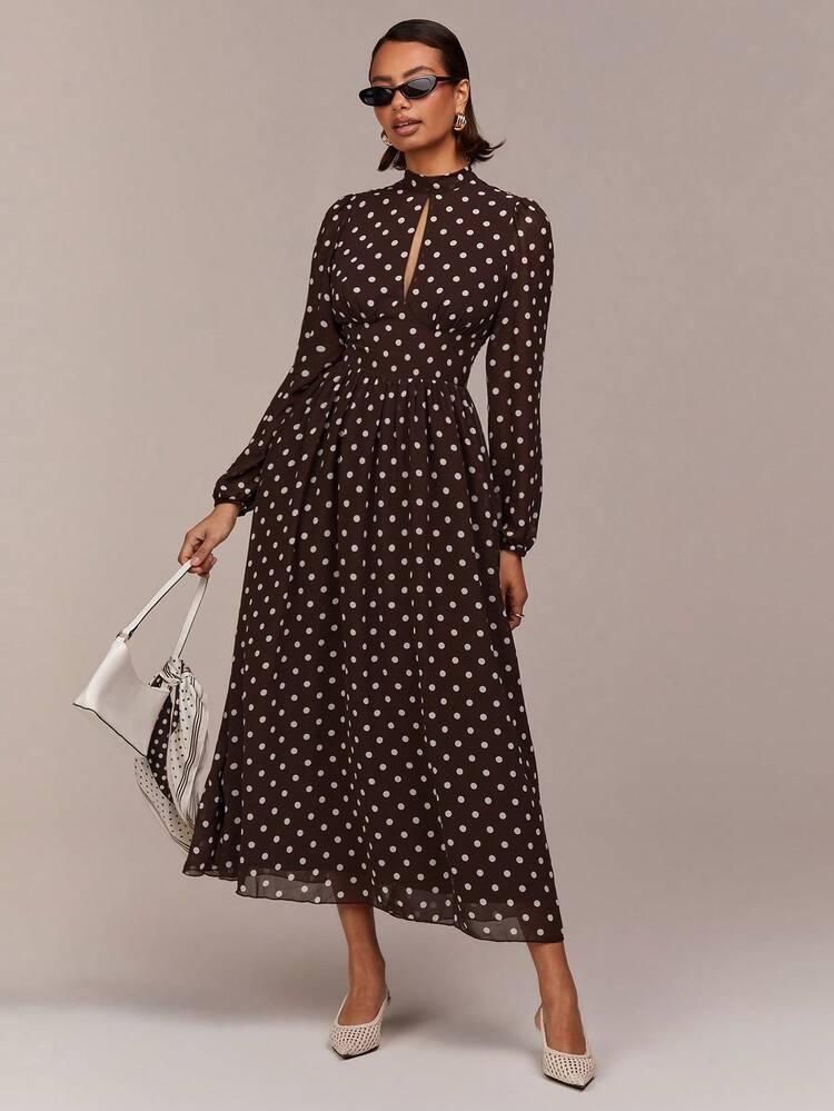 COSMINA Brown Polka Dot Long Sleeve Dress Wedding Guest Women Maxi Summer Party Formal Gowns Elegant Keyhole Neck High Waist Flared A-Line L,M