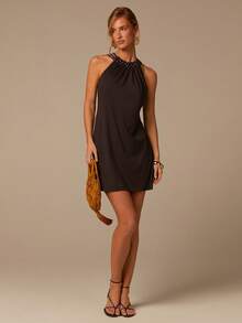 COSMINA Đầm ngắn không tay ôm sát, thanh lịch dành cho nữ, đính ngọc trai, đa năng cho đi làm, công sở, du lịch, phong cách boho, đi biển, đám cưới, hẹn hò, mùa xuân. - màu nâu - Xem 3