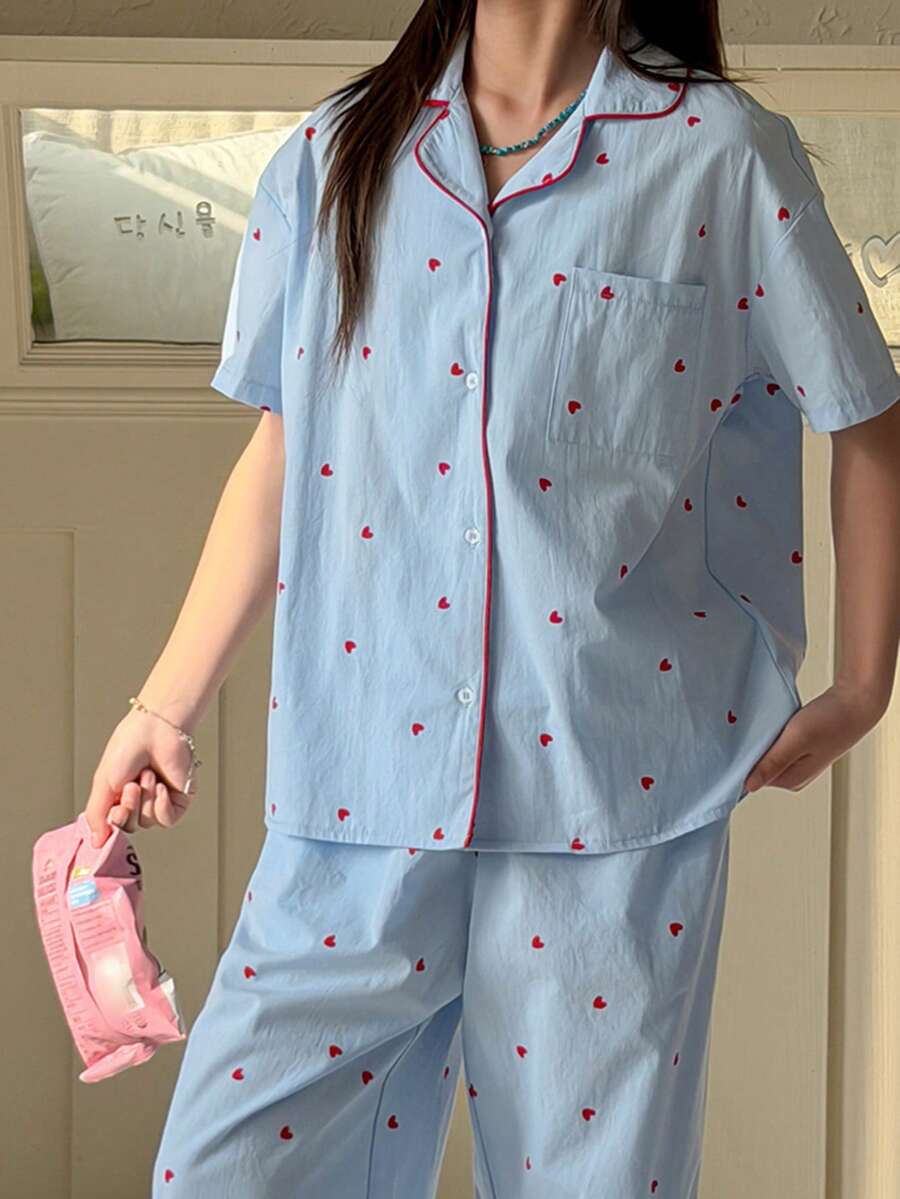 DAZY Tween Girls Heart Print Contrast Trim Loungewear Set, Fall Spring - Blue - View 1