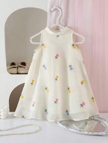 女婴可爱优雅杏色花卉刺绣图案宽松连衣裙 - 杏色 - 查看 2