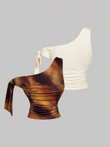 SHEIN MOD 女士两件套：不对称装饰纽扣修身花卉蝴蝶结上衣，春夏假日，情人节，波西米亚风，复古风，外出上衣，度假，复古风，外出，假日服装，沙滩装，优雅派对装，度假装，度假，波西米亚风，优雅派对装，婚礼宾客装，度假装，下午茶派对装 - 彩色 - 查看 11