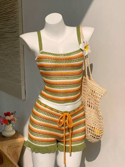 Comfortcana Women's Fashion Set Colorful Elegant Camisole Top & Ruffle Hem Shorts, Casual Beach 2-Piece Outfit