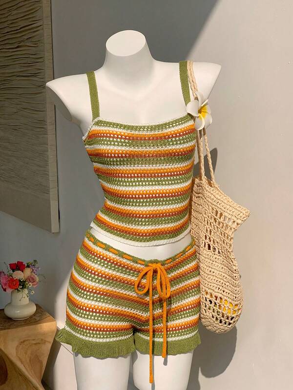 Comfortcana Women's Fashion Set Colorful Elegant Camisole Top & Ruffle Hem Shorts, Casual Beach 2-Piece Outfit