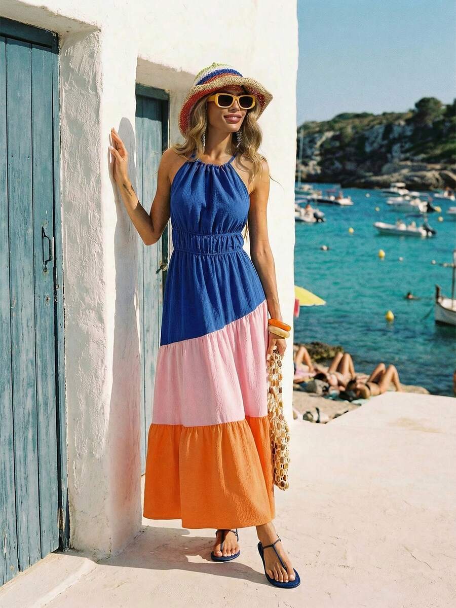 Vivid Eden 女士撞色褶皱露背休闲日常约会连衣裙 - 彩色 - 查看 1