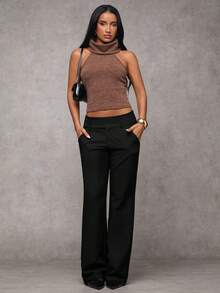 SHEIN Tall CURVE CURVE 新款加大码女式高个女孩黑色休闲直筒裤，带拉链和口袋，腰带纽扣设计，高腰设计让您看起来更苗条，腿部更修长，适合高个女性。高腰设计让您看起来更苗条，腿部更修长，适合高个女性。复古风格，适合所有季节和场合，适合高个女孩和女性，夏季阔腿裤，夏季阔腿裤，夏季休闲装，夏季度假装，女士长裤，春季装，阔腿裤，办公裤，优雅裤，休闲裤，夏季高腰显瘦阔腿裤，优雅女士礼服裤，优雅派对裤，女士优雅裤，优雅长裤，度假女士服装、女士假日服装、夏季假日服装、夏季度假服装、女士休闲裤、女士性感裤、狂欢节服装、2026年狂欢节女士造型、2026年狂欢节女士服装、狂欢节女士服装 - 黑色 - 查看 3