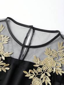 Qadelle Đầm cổ tròn thanh lịch dành cho nữ, phối lưới tương phản. - màu đen - Xem 6