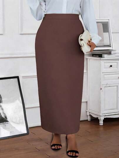 Miaspire Plus Size Women Solid Color A-Line Skirt, Casual Office Wear