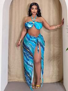 Slaydiva Bộ đồ bơi 3 mảnh cỡ lớn dành cho nữ, họa tiết sóng biển, đồ bơi đi biển, bộ đồ bơi cỡ lớn. - Nhiều màu - Xem 7