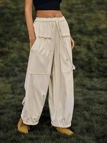 Medorelle Quần ống rộng nữ kiểu harem, màu trơn, dáng rộng, có túi vá ở eo và dây rút, thích hợp cho các hoạt động thể thao ngoài trời và mùa thu. - Màu be - Xem 3