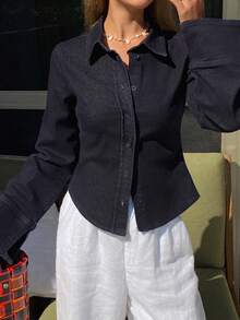 DAZY 女士翻领收腰短款长袖优雅性感修身水洗牛仔上衣 - 深色水洗藍 - 查看 6