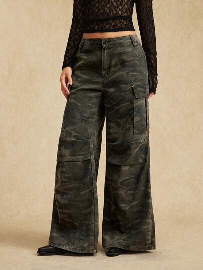 Easelle Casual Vintage Women's Casual Loose Cargo Camouflage Denim Jeans Green  Winter Summer