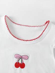 2pcs Girls Toddler Vest Set,Summer Back-To-School White Vest With Cherry Blossom Embroidery&Flutter Sleeves,Mid-Blue Denim Skirt,Soft Cute School Wear - Blue and White - View 6