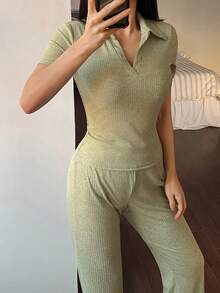 DAZY 女士简约针织纯色 Polo 领短袖上衣和裤子家居服套装 - 綠色 - 查看 5