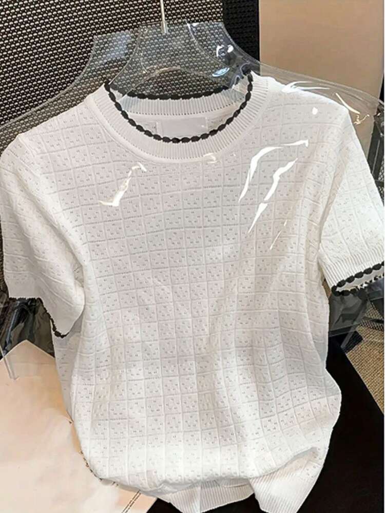 GlowEve Women's Contrast Color Round Neck Short Sleeve Casual Knit Top - White - View 1