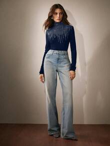 Anewsta Embellished Rhinestone Half High Neck Long Sleeve Knit T-Shirt, Elegant Blouse For Women, Autumn/Winter Outfit - Navy Blue - View 8