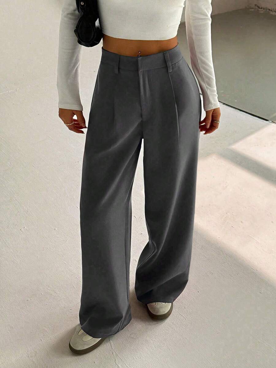 FavEase 女士高端优雅修身宽松休闲阔腿裤 - 灰色 - 查看 1