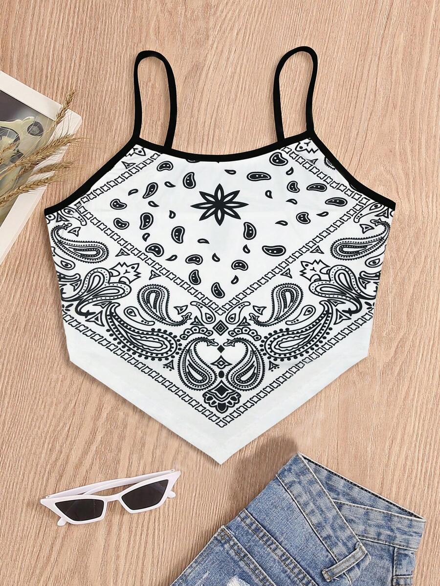 Trelyra Paisley Print Hanky Hem Cami Top Graphic Tees Women Tops - White - View 1