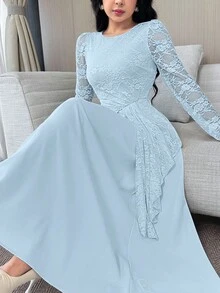 Feyla Vestido elegante de mujer con parches de encaje de unicolor - Azul Agua - Ver 5