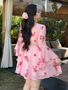 Vibekara Đầm dài tay ôm sát cổ chữ V, cỡ lớn, ngọt ngào và gợi cảm. - Hồng - Xem 4