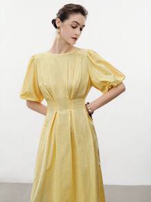 Aalyst Women's Elegant Minimalist Romantic Vacation Linen A-Line Ruffle Design Long Sleeve Midi Dress, Light Yellow, Suitable For Spring/Summer, Occasions Like New Year, Valentine's Day, Easter, Mother's Day, Middle Eastern Weddings - Light Yellow - View 7