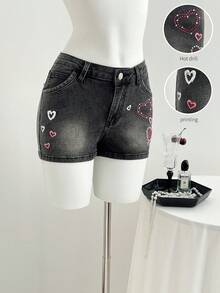 Elamini Short en jean décontracté à imprimé cœur strass pour femmes, style mode de rue chic pour le trajet quotidien, été - Gris - Voir 1