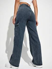 Jeanoix 女士休闲时尚街头风日常通勤翻盖口袋工装牛仔裤 - 深色水洗藍 - 查看 2