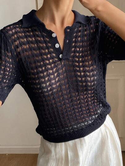 DAZY Women's Solid Color Fitted Hollow Out Polo Collar Short Sleeve Elegant Formal Knit Top, Spring/Autumn